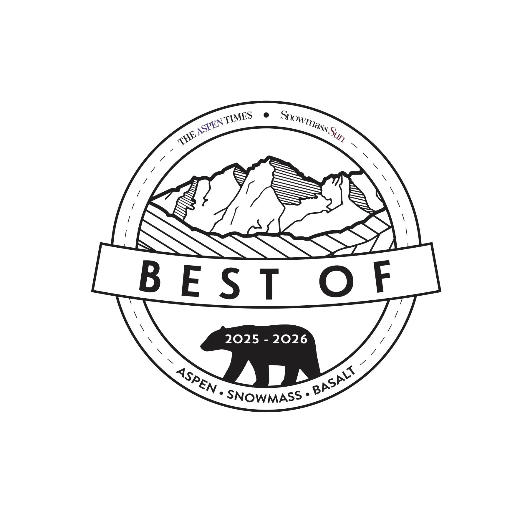 Round Best of Aspen logo featuring a sketch of the Aspen Mountain and a Black Bear with 2025 to 2026 in the center.