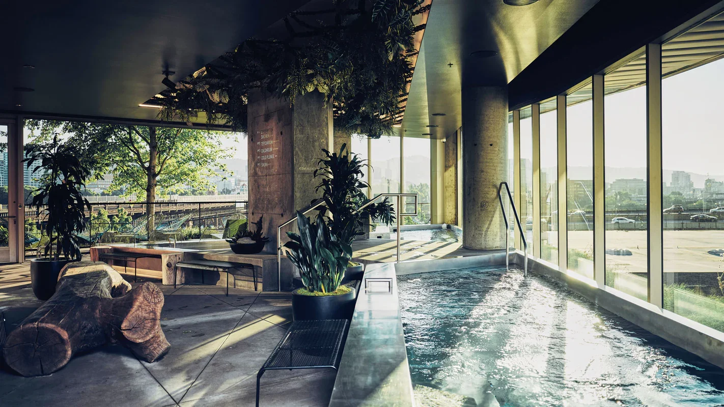 Knot Springs Spa - Indoor pool area with large glass windows, potted plants, and seating. Sunlight streams through the windows, illustrating a modern, relaxing spa or leisure space.