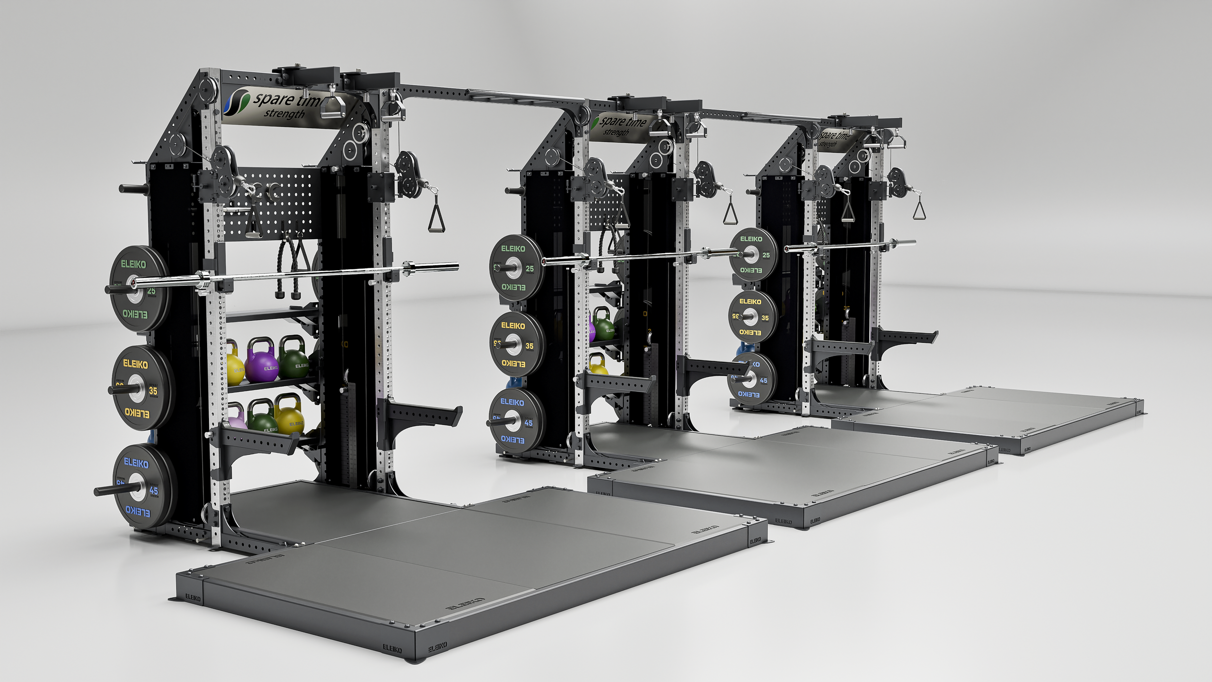 Custom Eleiko Prestera Squat Racks - A large gym equipment station with weight plates, kettlebells, and benches, designed for strength training and functional fitness.