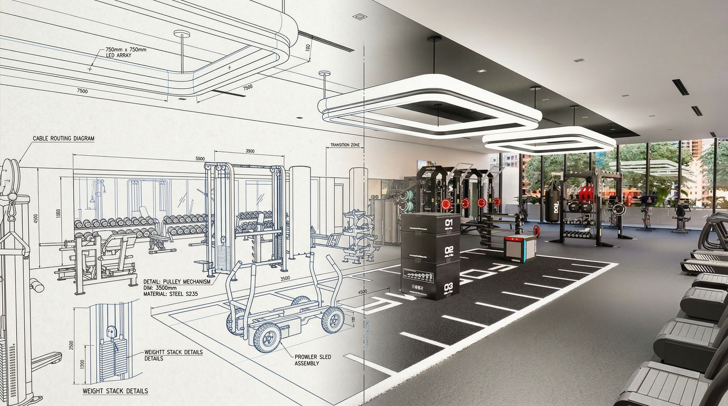 Blueprint to photorealistic 3D gym render comparison