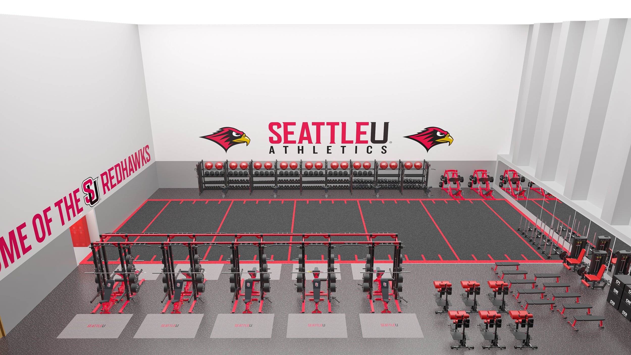 Seattle University Performance Gym Design -Interior view of a modern athletic training facility at Seattle University with workout equipment, weight racks, exercise stations, and motivational wall signs.