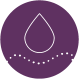 Purple circular icon with a water droplet symbol and dotted line beneath it.
