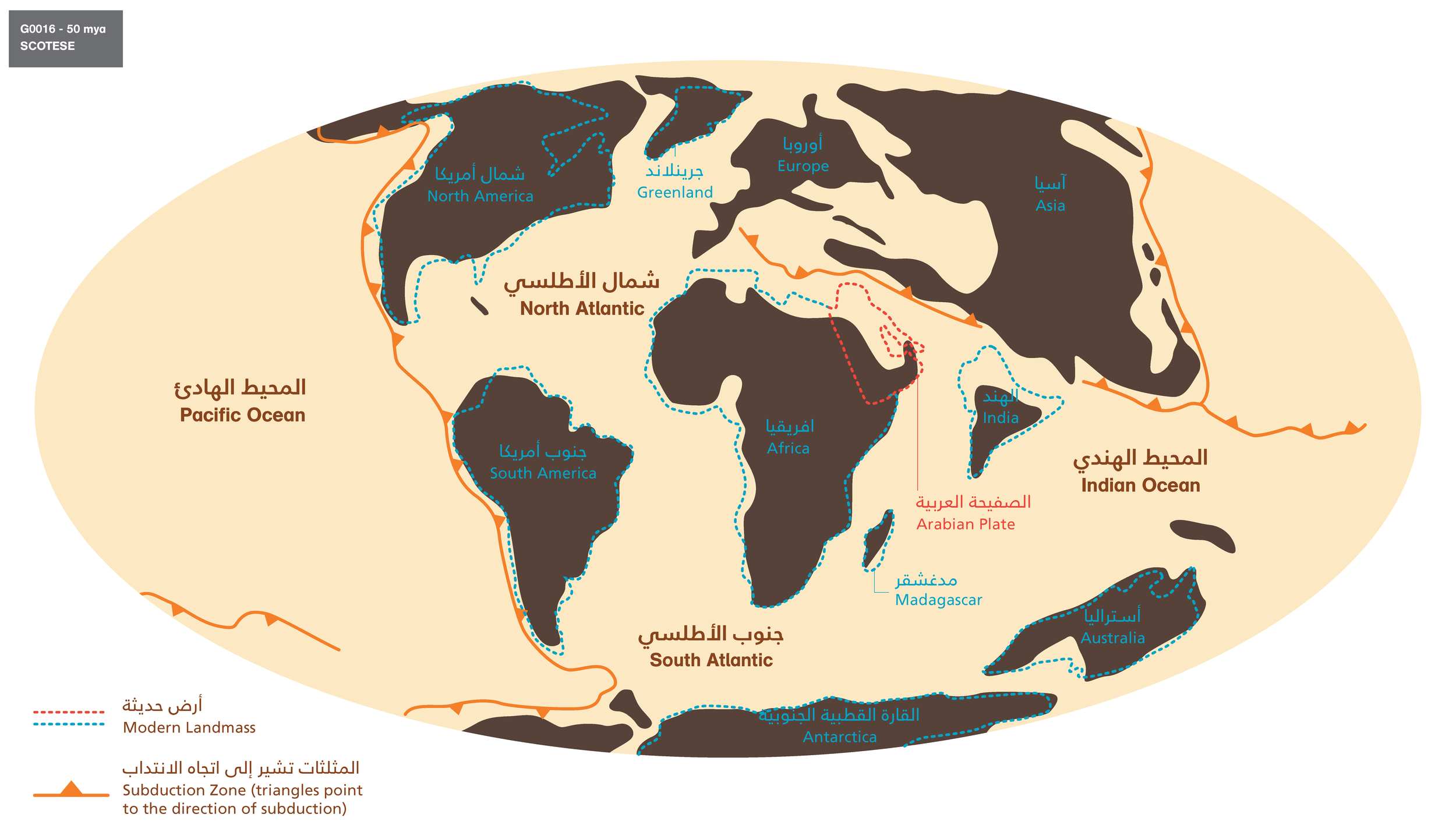 Bilingual 50 mya Paleoglobe. Based on Scotese. 