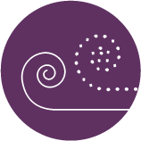 Purple circular background with a spiral pattern on the left and a cluster of small black dots on the right.