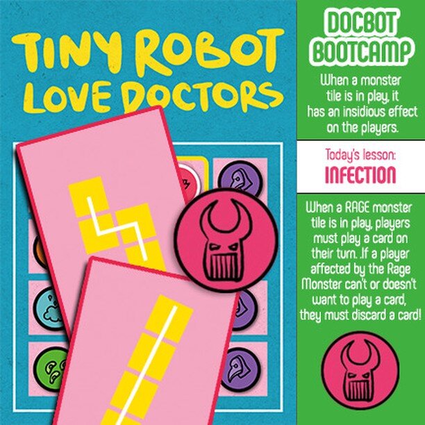 Today's DOCBOT BOOTCAMP shows how monster tokens infect players during gameplay. RAGE in particular has an insidious effect.

#newgames #cardgamesofinstagram #kickstartergames #infections