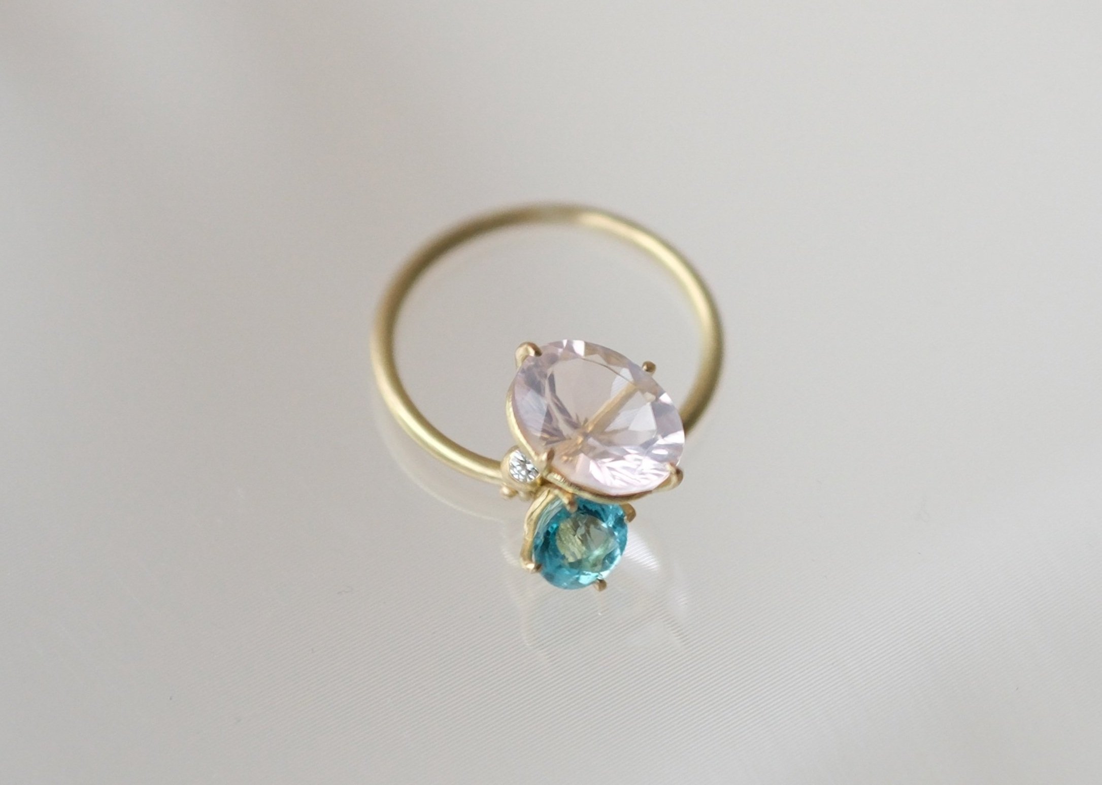 Apatite, Rose Quartz and Diamond Pirouette Ring by Belinda Chang