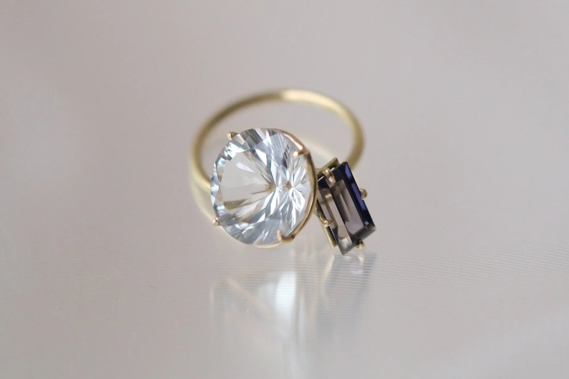 White Quartz and Iolite Pirouette Ring by Belinda Chang