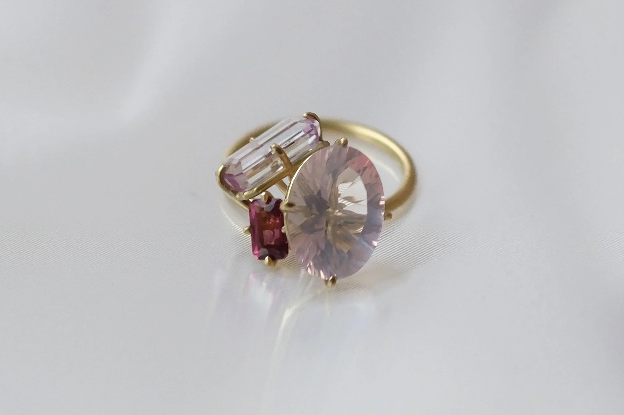 Rose Quartz, Kunzite and Pink Tourmaline Pirouette Ring by Belinda Chang