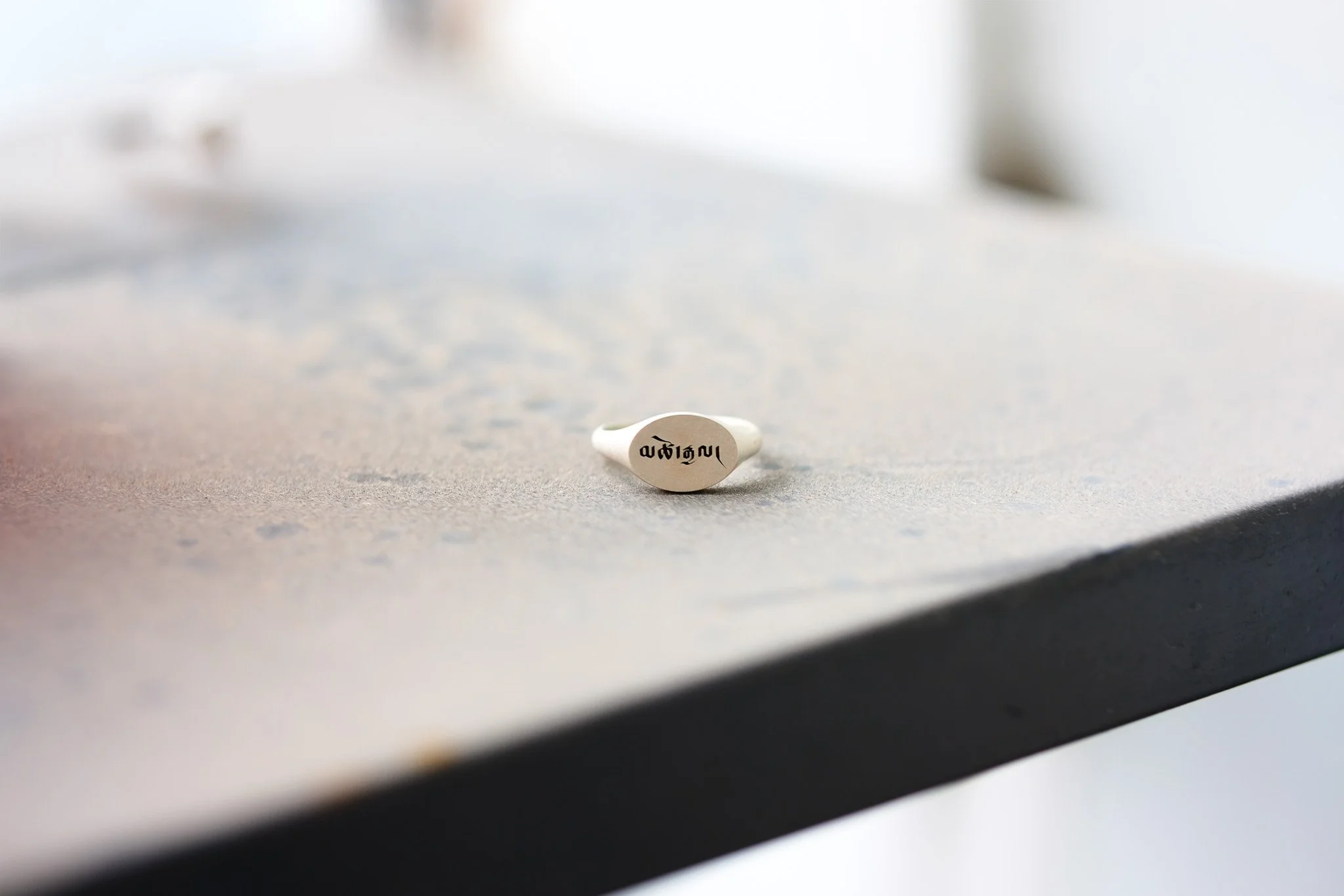 A small white kidney bean with Tamil writing on it, placed on a surface with a blurred background.