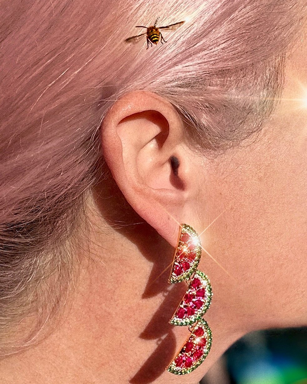   French Girl Aesthetic     Eye Candy LA   watermelon earrings  Location:    Salem, MA    Model:   Debra Macki   