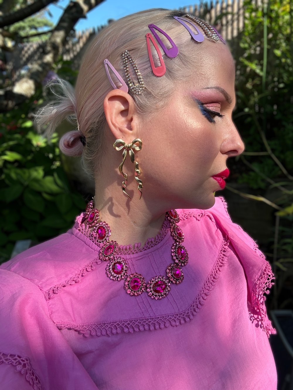  French Girl Aesthetic    Pink Reef   bow earrings    EyeCandy LA   necklace    Mango   top  Location:   Salem, MA    Model:   Debra Macki   