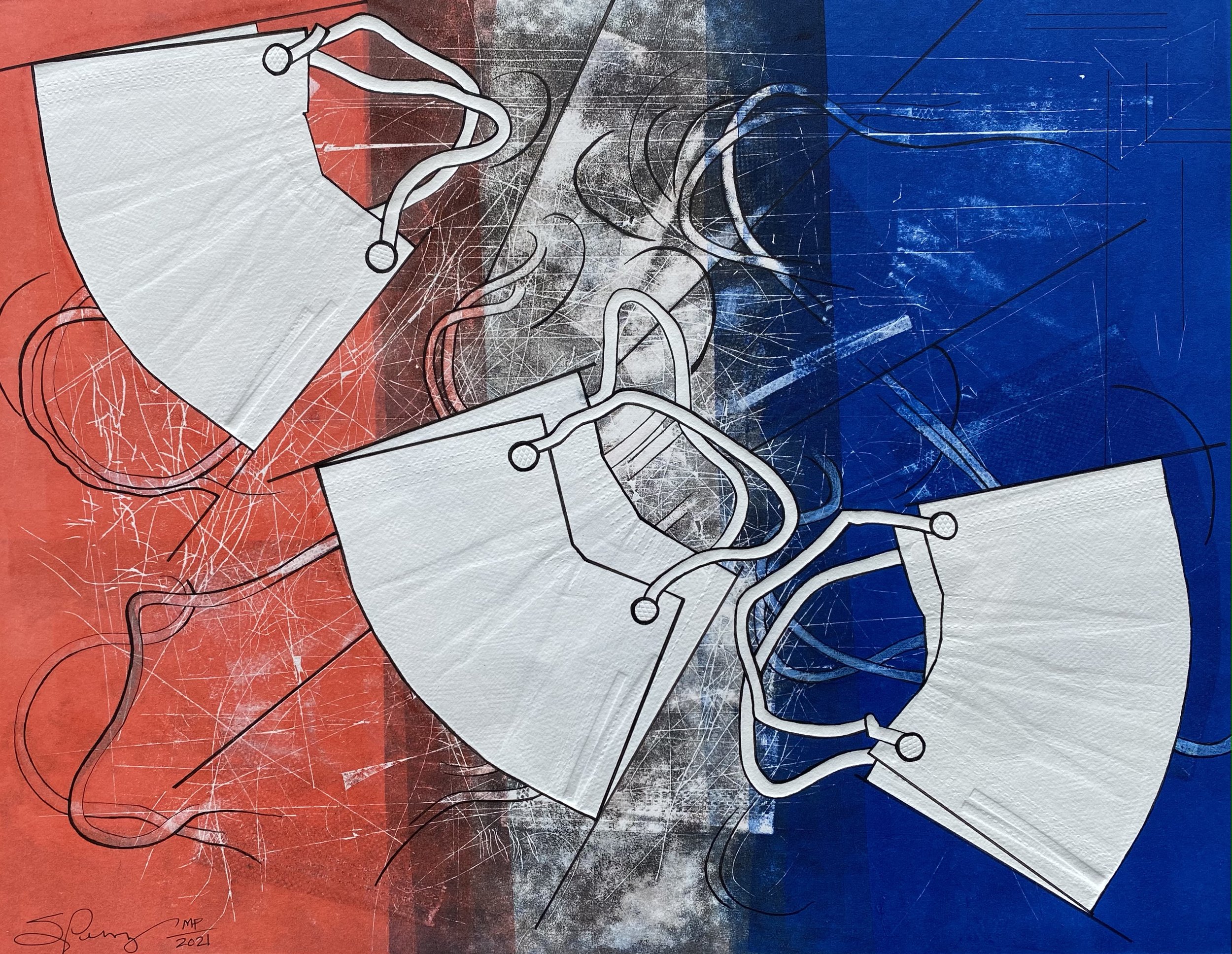 Patriotic Ties - Collagraph with Pastel and Pen - 20"x14" ©2020