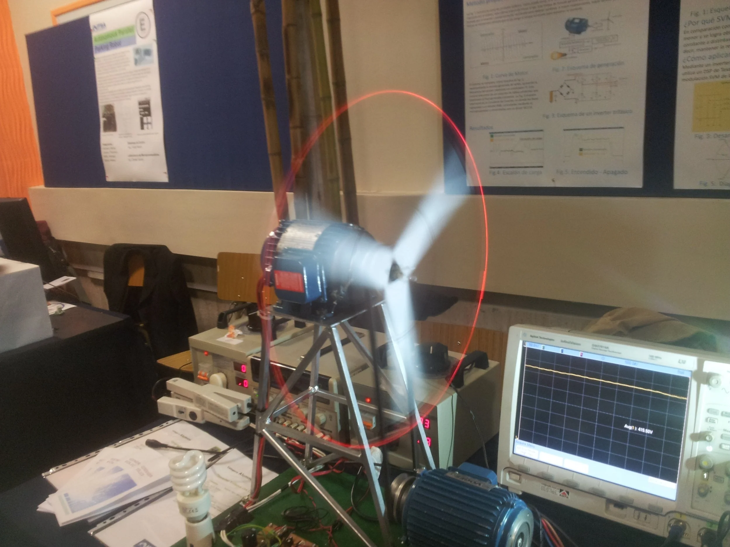Generator in operation, with another motor used to simulate wind