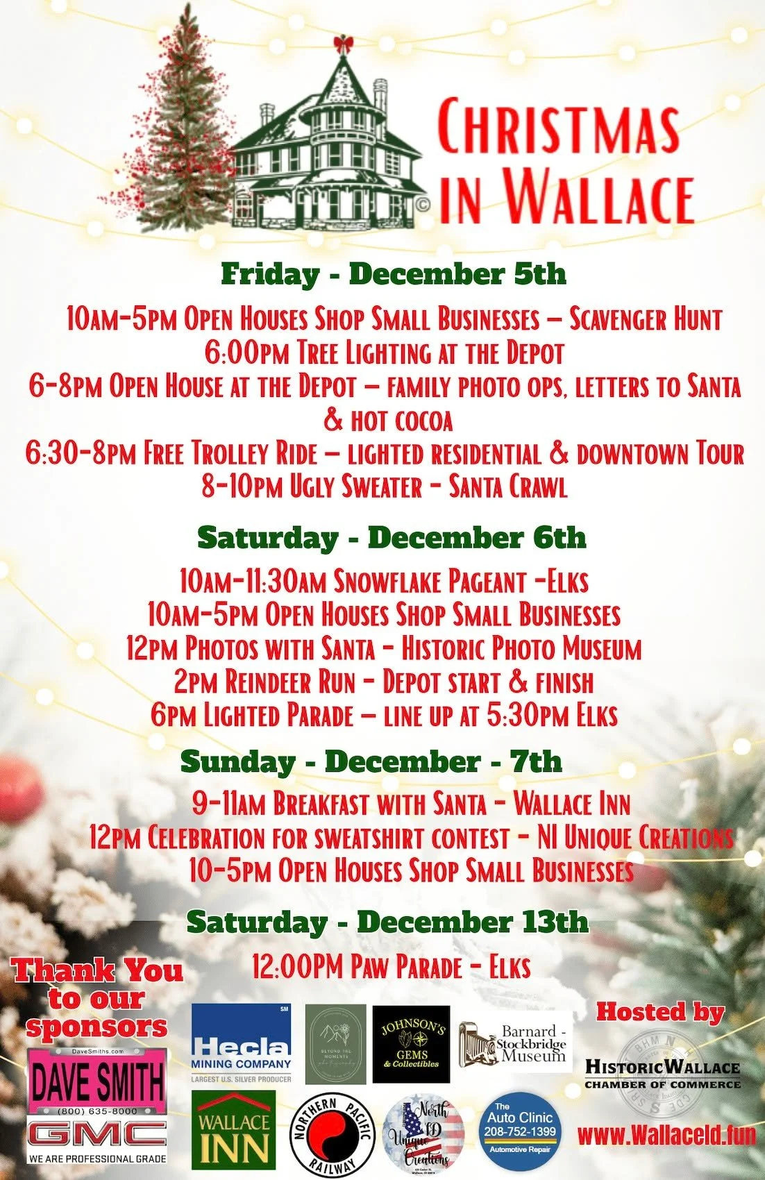 ✨🎄 Christmas in Wallace | December 5&ndash;7 🎄✨

Step into a Hallmark-worthy holiday weekend as our charming mountain town transforms into a sparkling winter wonderland! ❄️

Stroll brick-lined streets lit with twinkling lights, shop local for one-o