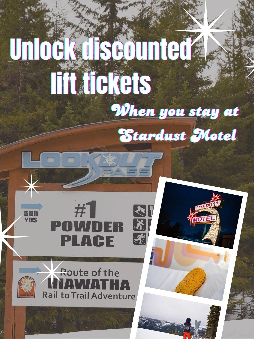 Ski. Sleep. Repeat.

Stay at the Stardust Motel and unlock discounted lift tickets to Lookout Pass during your visit.

Powder in the morning. Hot shower and cozy retro vibes at night.
It&rsquo;s basically the perfect Wallace winter loop.

🎟️ Add lif