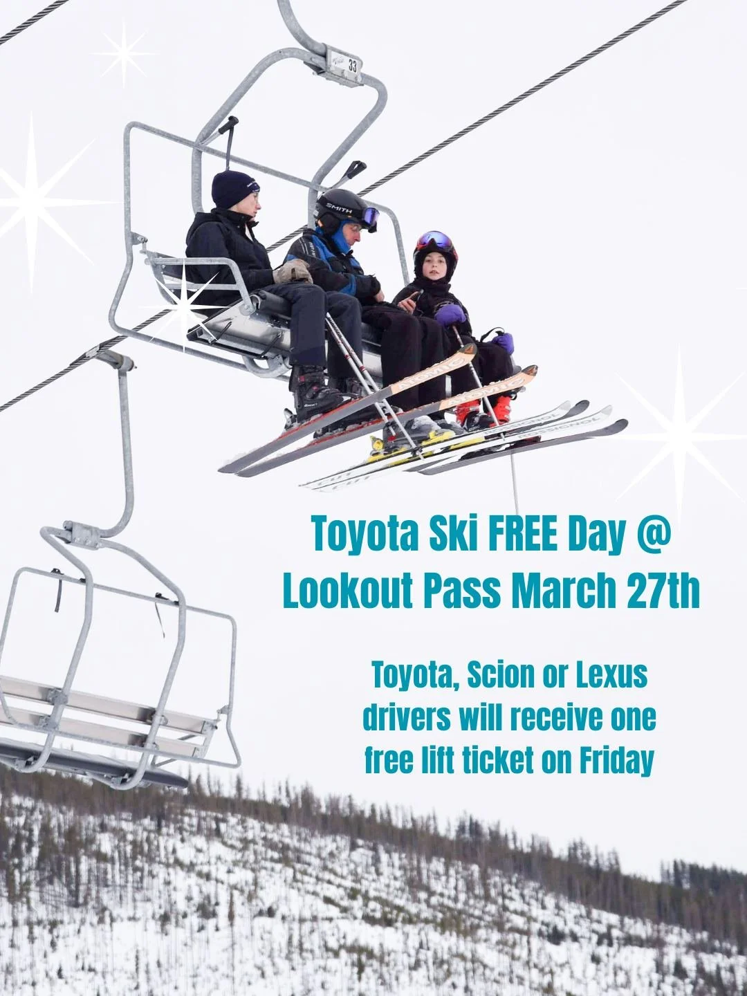 Pull up in your Toyota, Scion, or Lexus&hellip; and your lift ticket is covered. 👀⛷️

🚨 Toyota Ski Free Friday is back at Lookout Pass Ski and Recreation Area... Friday, March 27th only.

Show up, ski free from 9AM&ndash;3:30PM, and call it your be