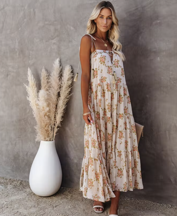 LIST GOES ON FLORAL TIERED TASSEL DRESS