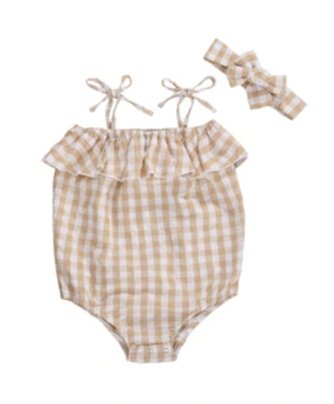 IRIS GINGHAM ROMPER IN TAN