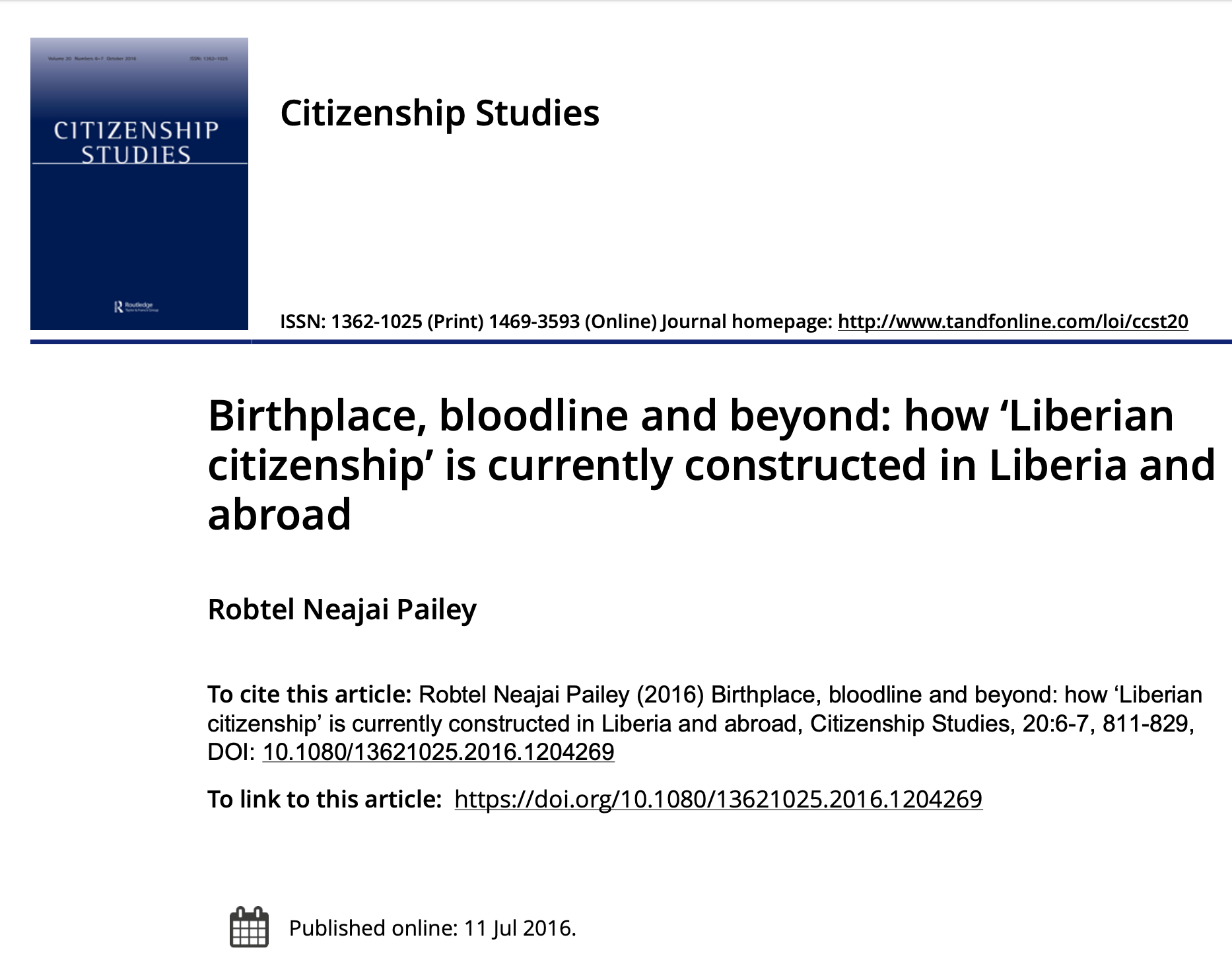 Birthplace, bloodline and beyond: how 'Liberian citizenship' is currently constructed in Liberia and abroad - Robtel Neajai Pailey