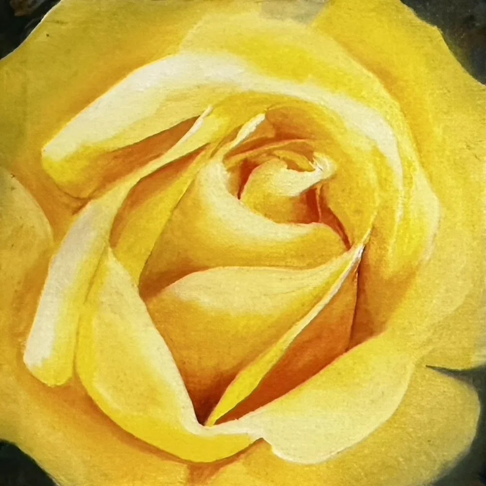 SUNSHINE IN A ROSE
OIL ON CANVAS BOARD, 8X8", $150