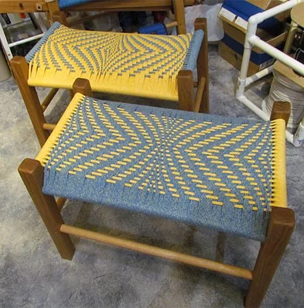 Weaver's Benches
White Oak, 24"W x 13"D x 21"H 
Front: 2/2 Undulating Point Twill, China/Plum Weft, Gold/Natural Warp
Back: 2/2 Undulating Diamond Twill, Gold/Natural Weft, China/Plum Warp