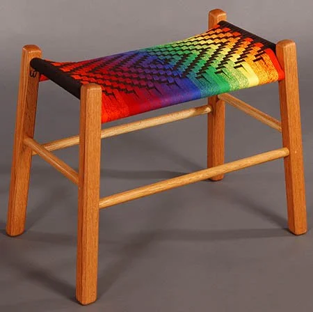 Weaver’s Bench
Red Oak, 25"W x 13"D x 21"H 
2/2 Diamond Twill, Weft - Color Wheel, Warp - Black