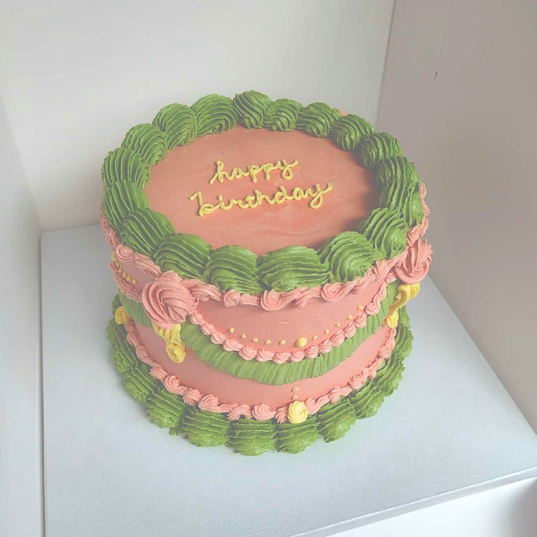#96. This is a 6" round, 3-layer watermelon-colored vintage style cake.