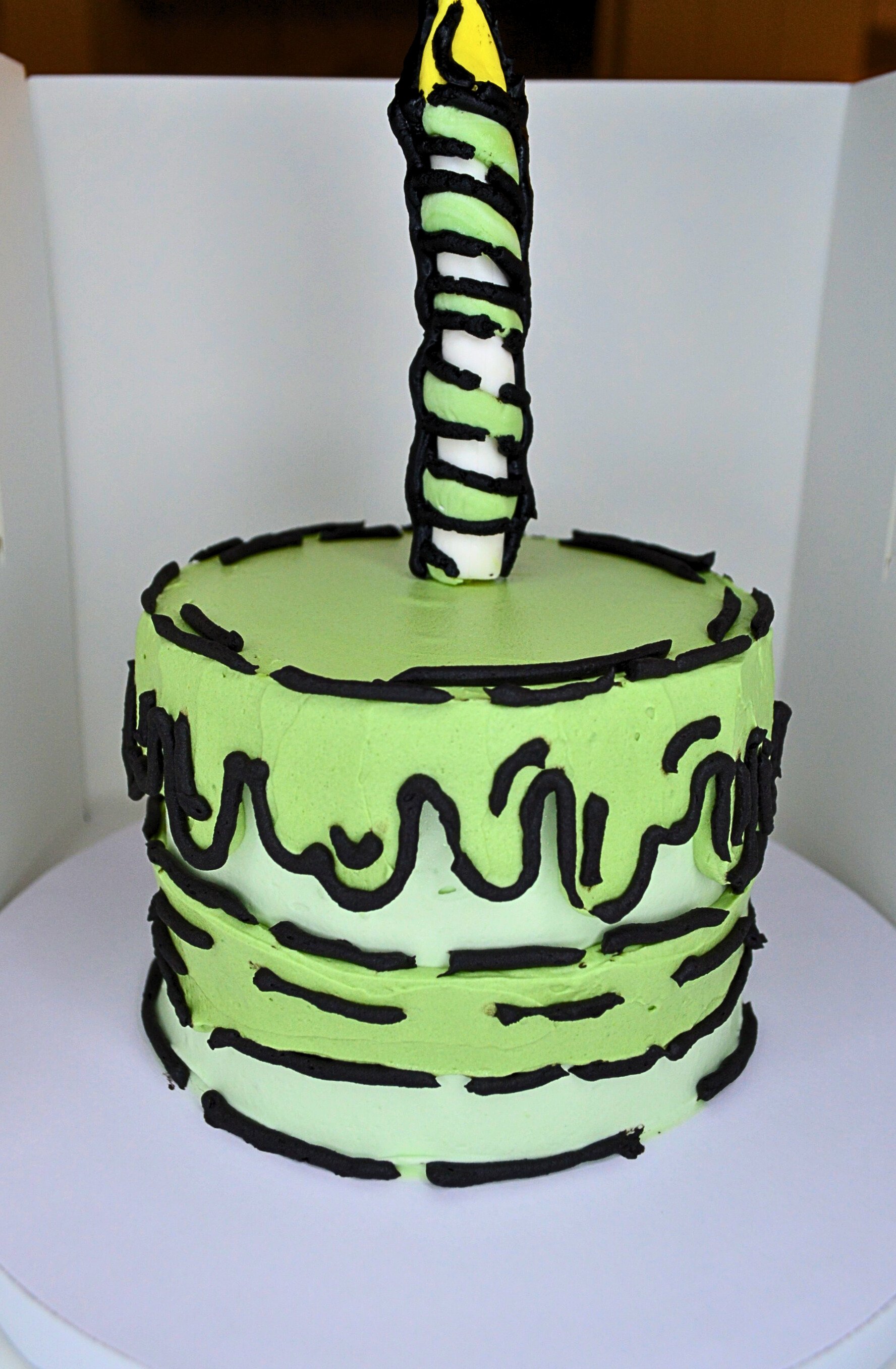 #39. Green cartoon cake with handmade fondant topper.