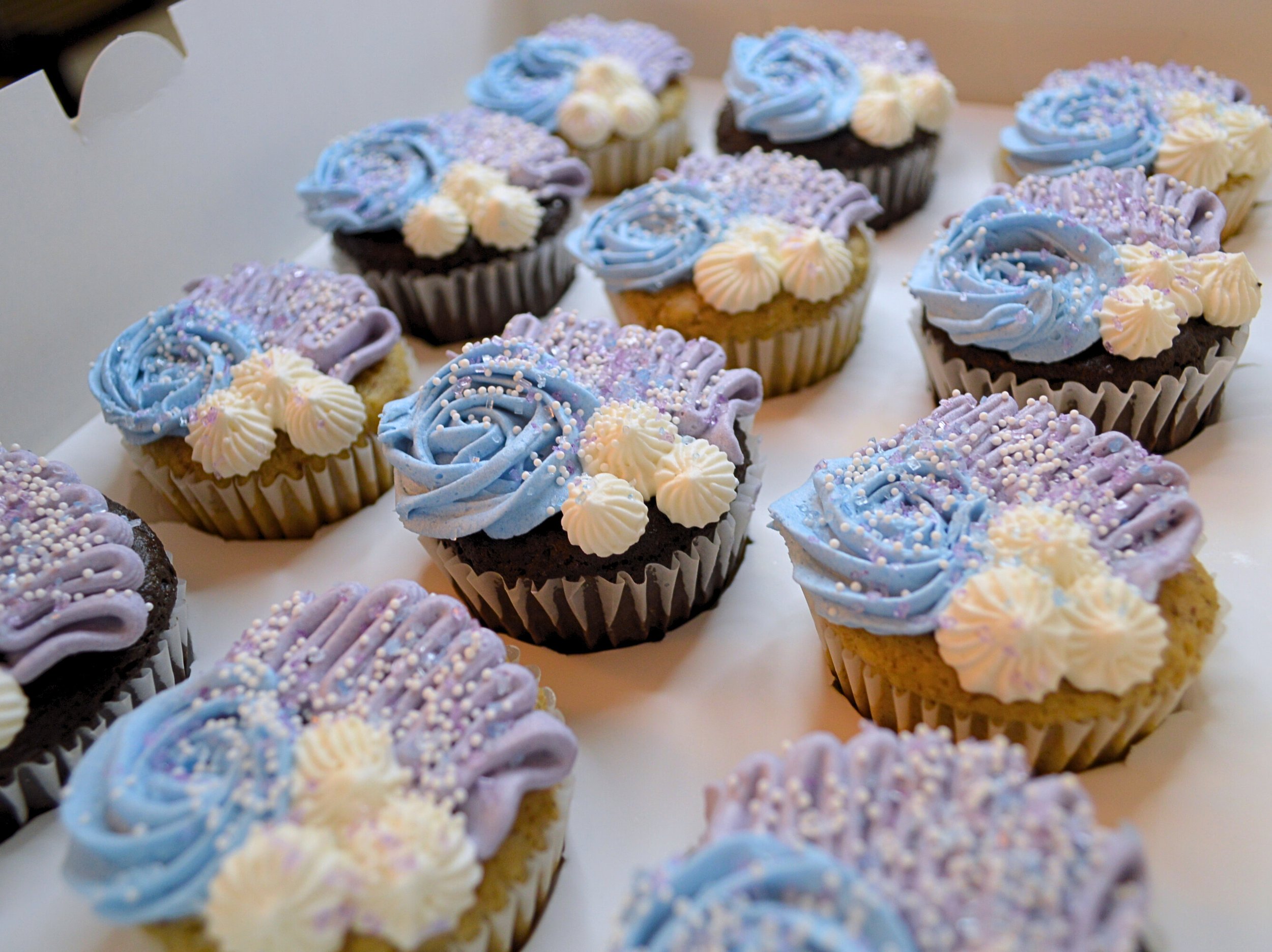 #45. Multi-design, multi-colored cupcakes with small white round sprinkles.