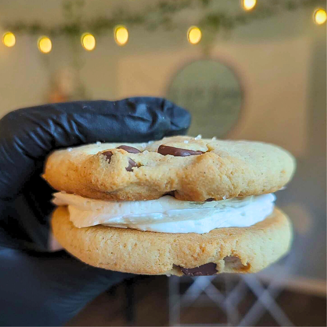 #13. This is a chocolate chip cookie sandwich with vanilla frosting in between.