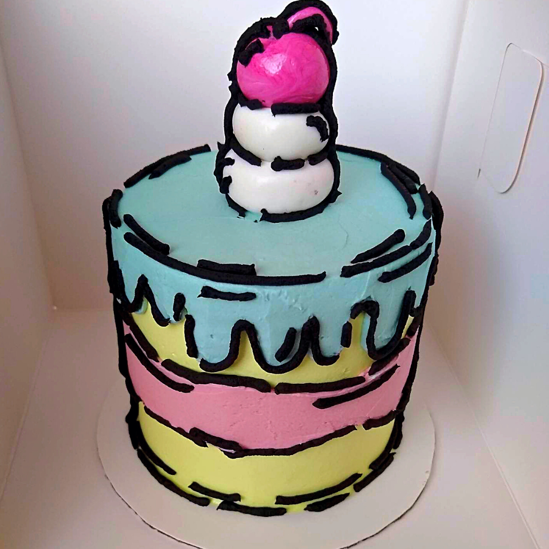#6. Cartoon style cake in customized colors and a hand-made fondant topper.