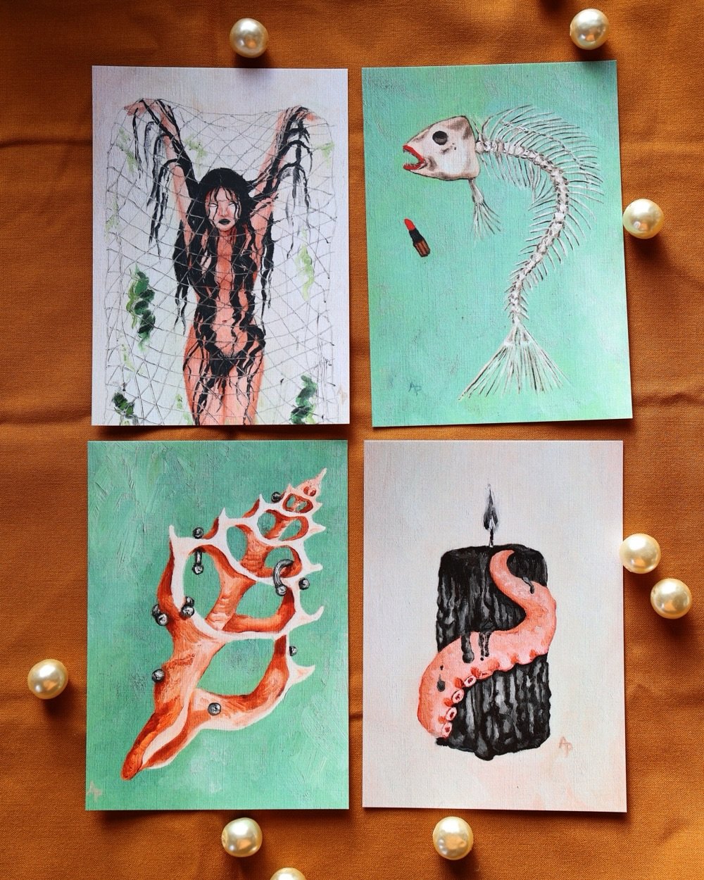 Sea Witch Siren postcard print set, replicated from original oil paintings on high quality matte card. Set of four. Write a message to your lover on the back or frame and hang on a wall. 🌊✨