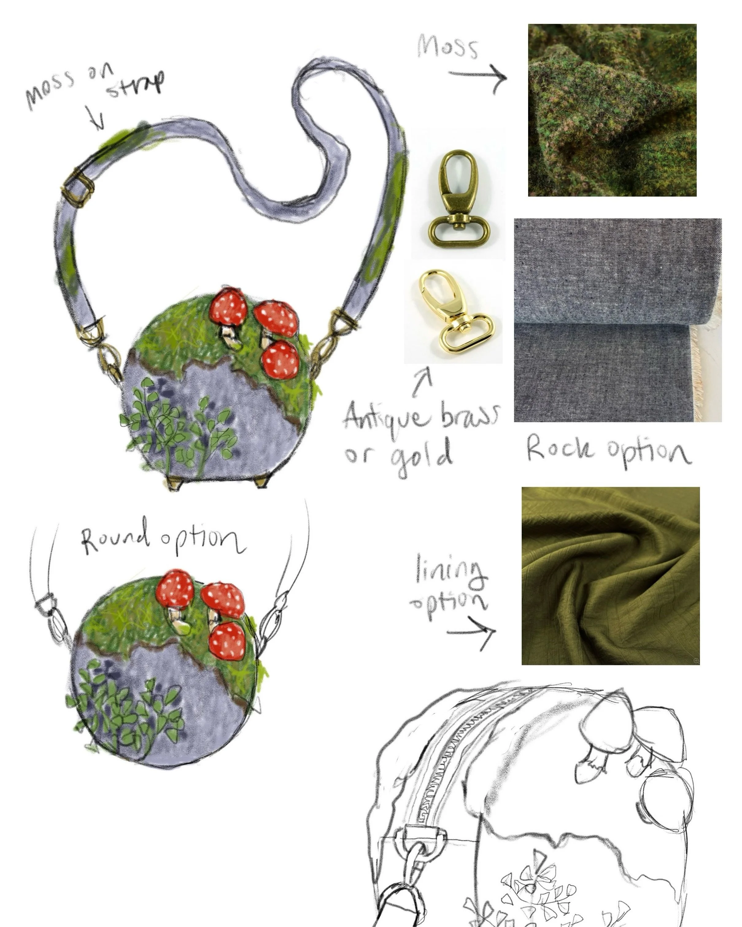 Before the purse gets made, it starts with a design sketch. I do this digitally so I can revise indefinitely and quickly change colors, but it&rsquo;s always hand drawn. I add swatches and notes to help the client visualize the final piece.