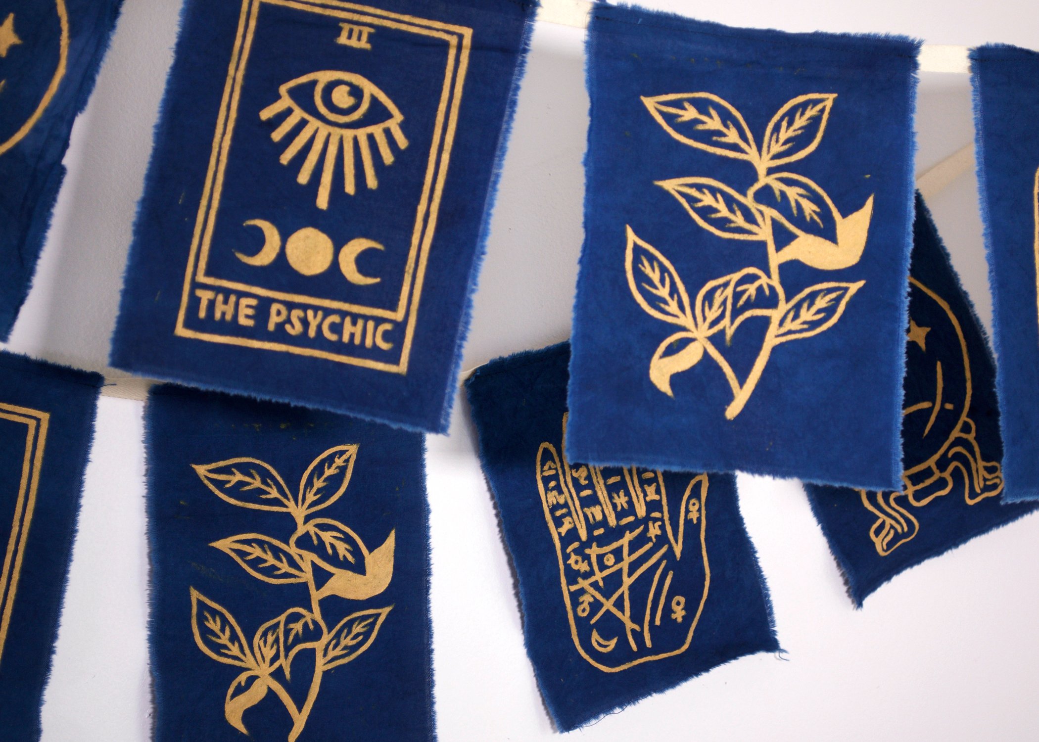 Indigo dyed organic cotton muslin hand-painted psychic flag garland