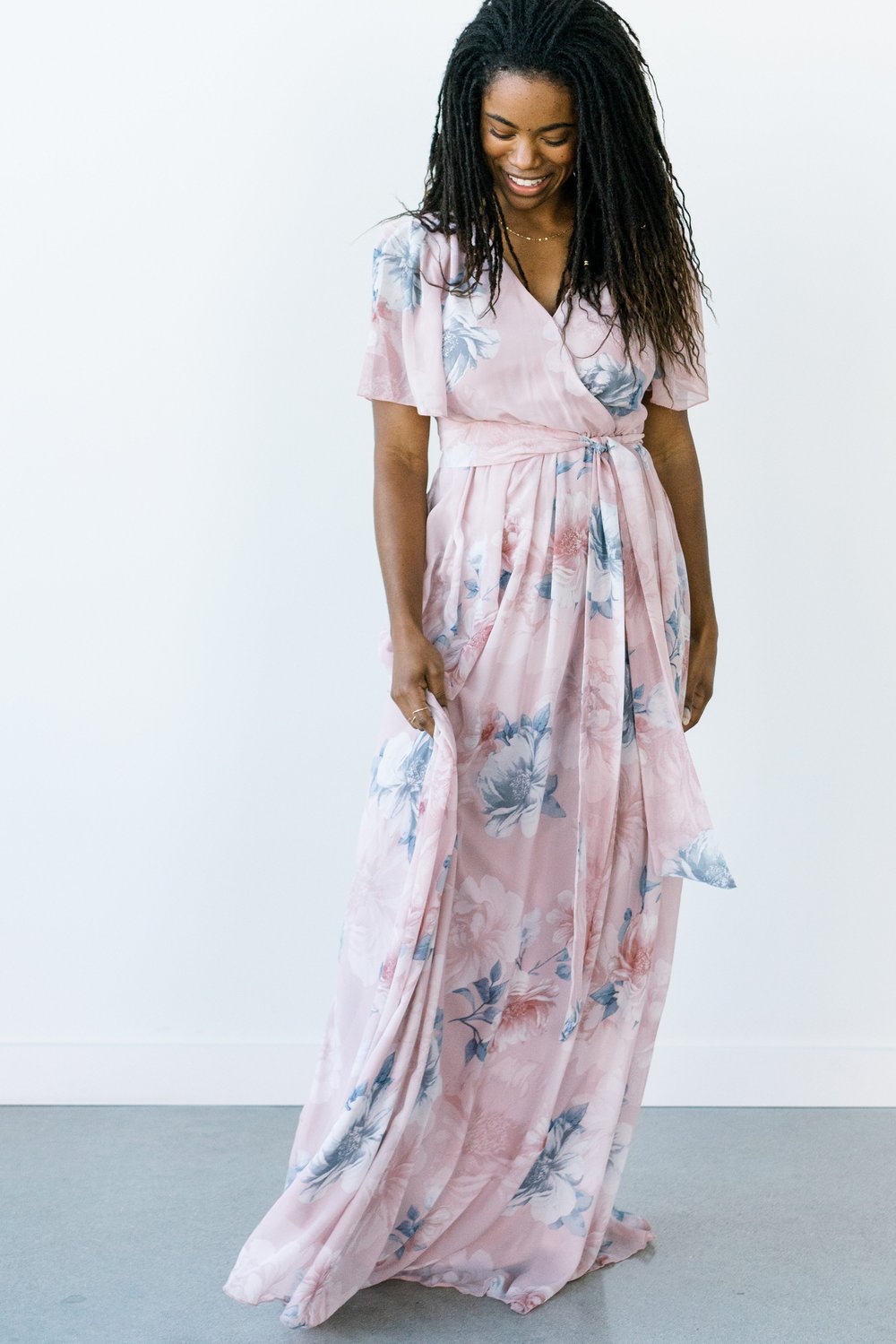 Feminine Blue & Pink Taupe V-Neck, Chiffon Floral Christian Modest Chiffon Maxi Dress — THE MODEST FITTING