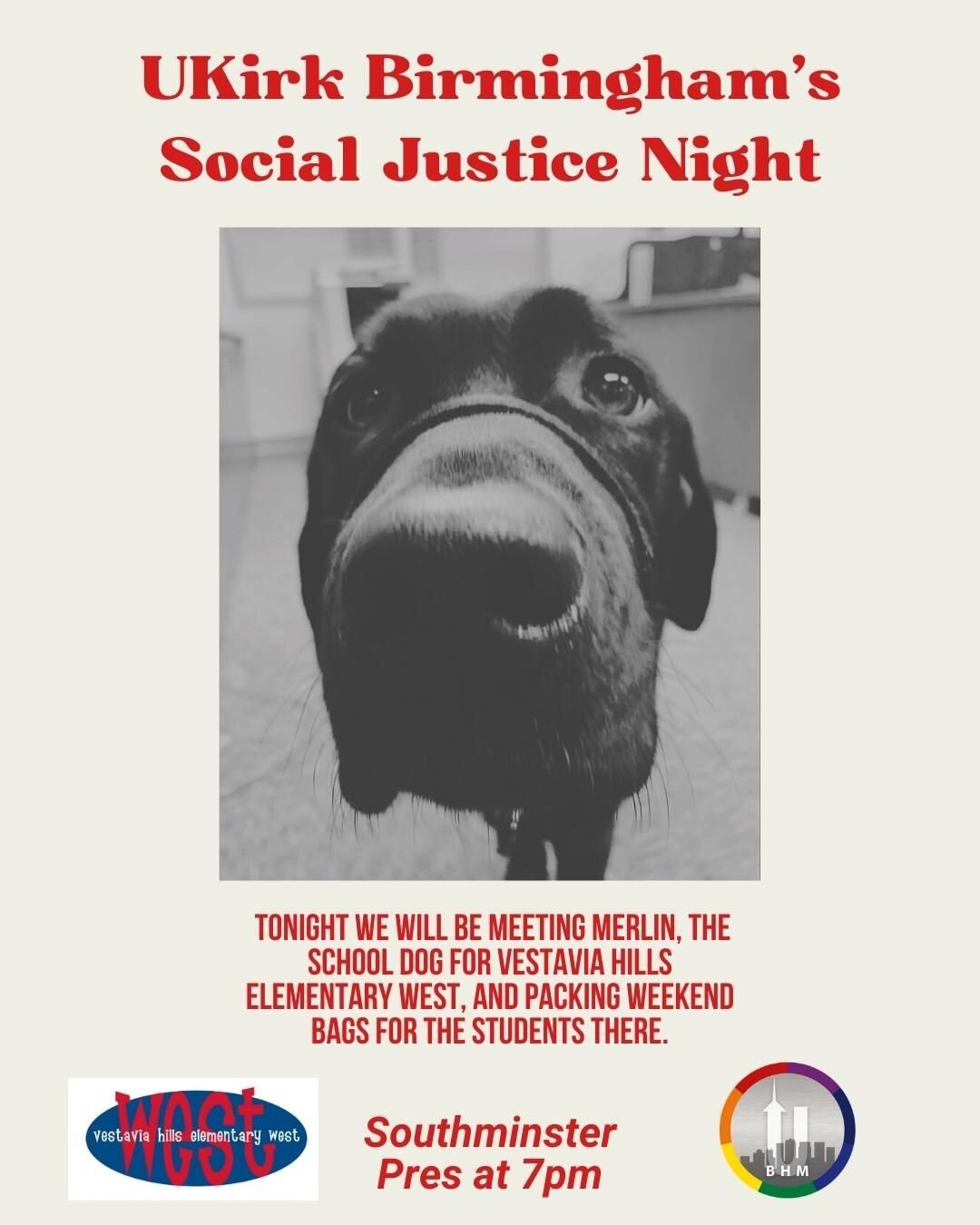 Tonight's UKirk Thursday is Social Justice night and we will be meeting at Southminster Presbyterian Church at 7pm to meet Merlin, the school dog from Vestavia Hills Elementary West. Then we will packing weekend food bags for the students. Followed b