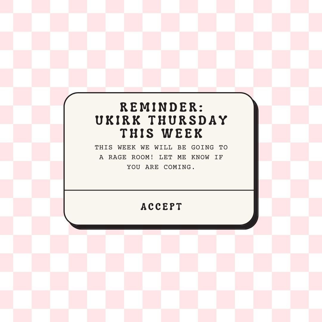 This week is Sanctuary week for UKirk Thursday. We will be going to a rage room! If you are coming let Madison know so she can buy enough tickets. We will meet at the rage room at 6pm and head to Edgewood after for dinner.