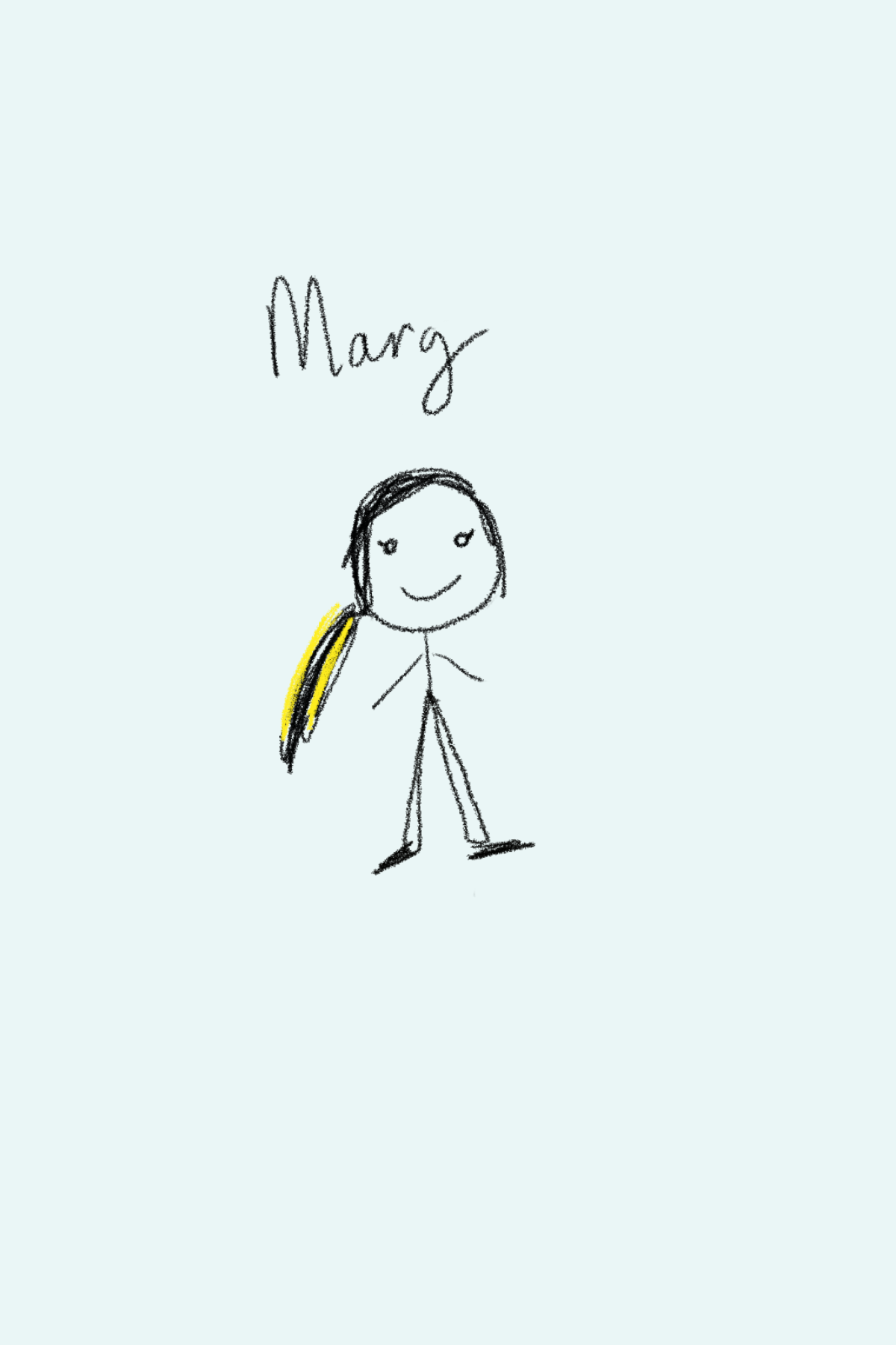 Child's drawing of a girl with black hair, smiling, and wearing a yellow accessory, with the name 'Mary' written above.
