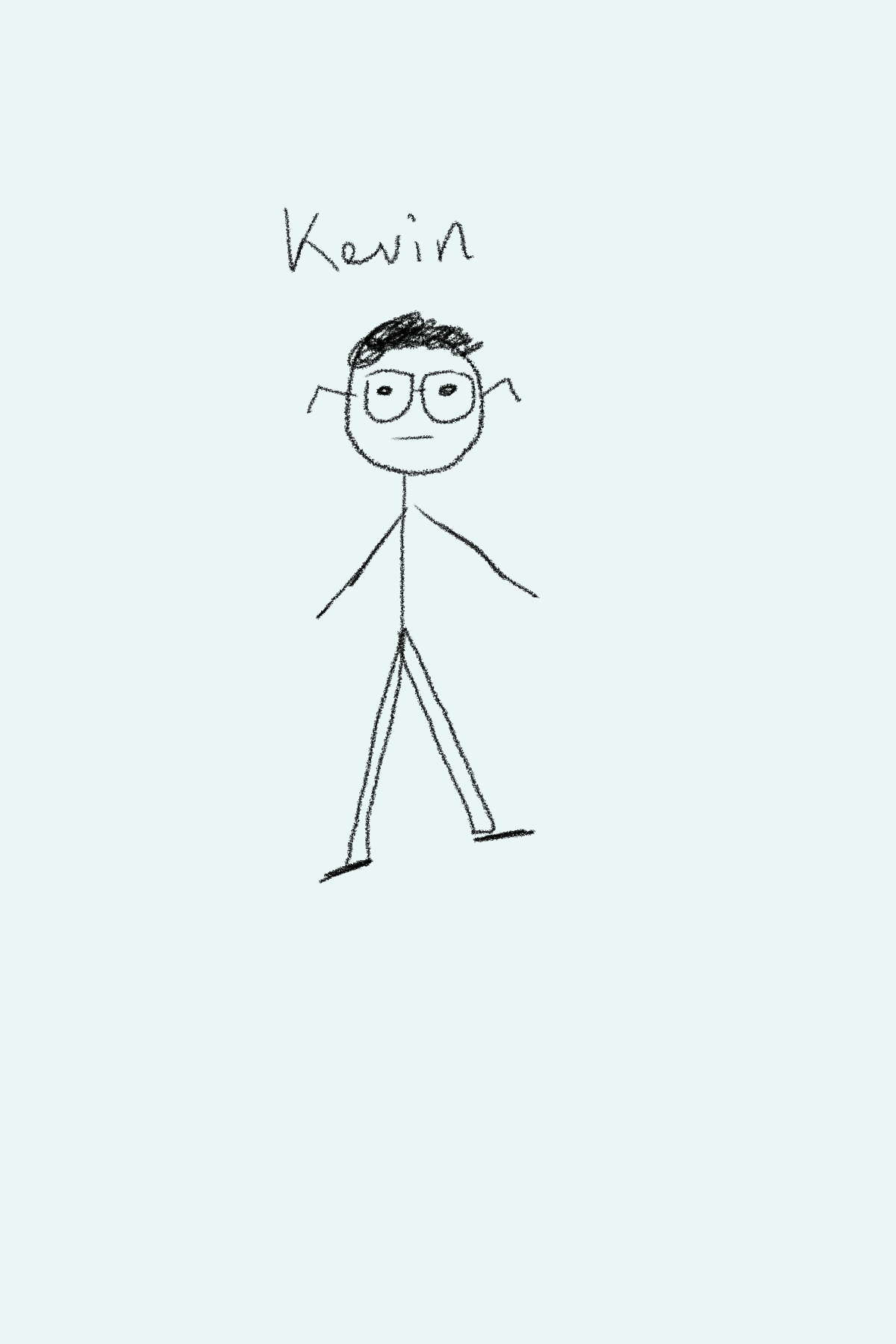A simple stick figure drawing of a person with glasses and short hair, labeled 'Kevin' at the top.