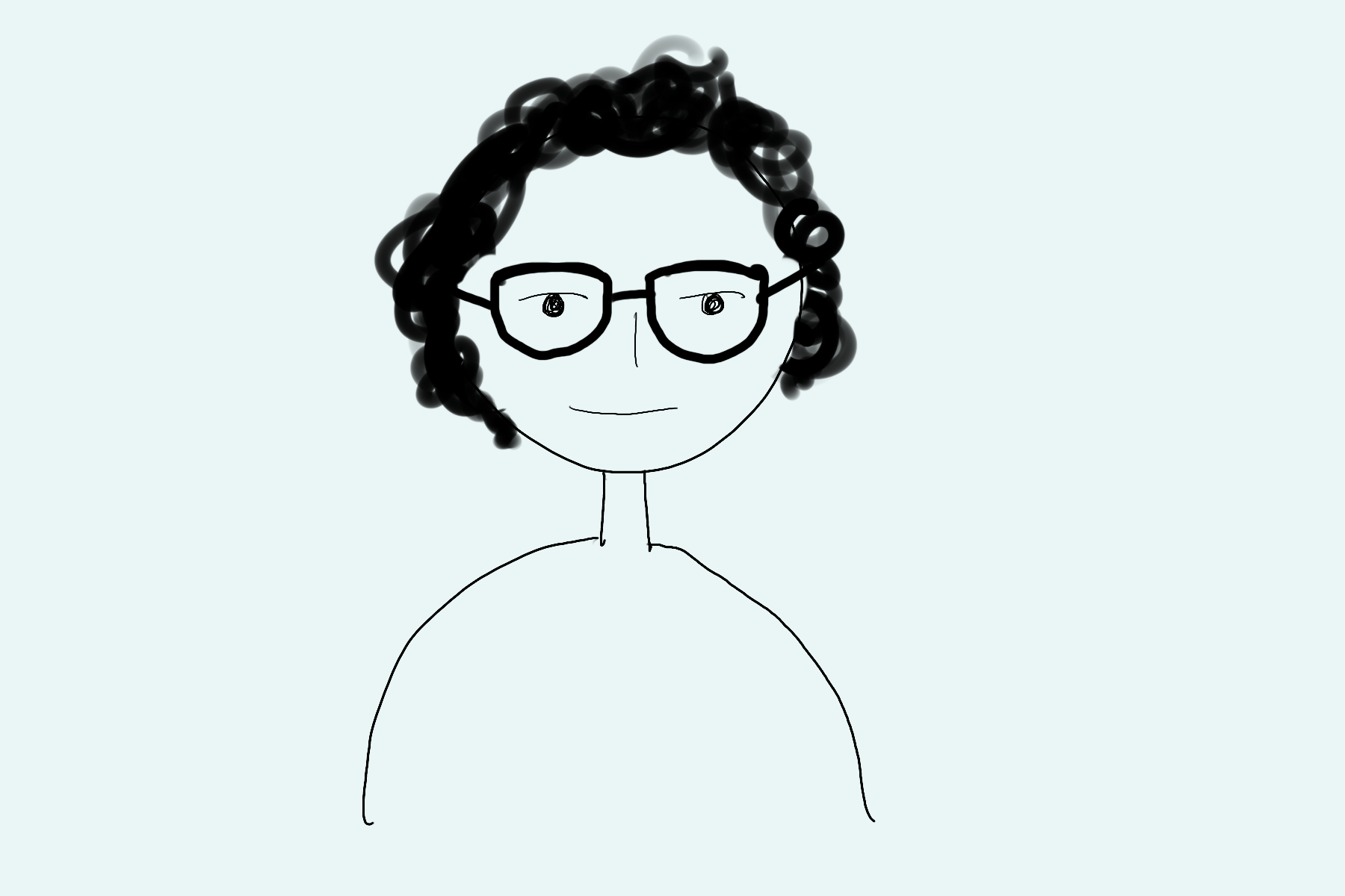 A simple digital drawing of a person with curly black hair, glasses, and a subtle smile, on a light blue background.