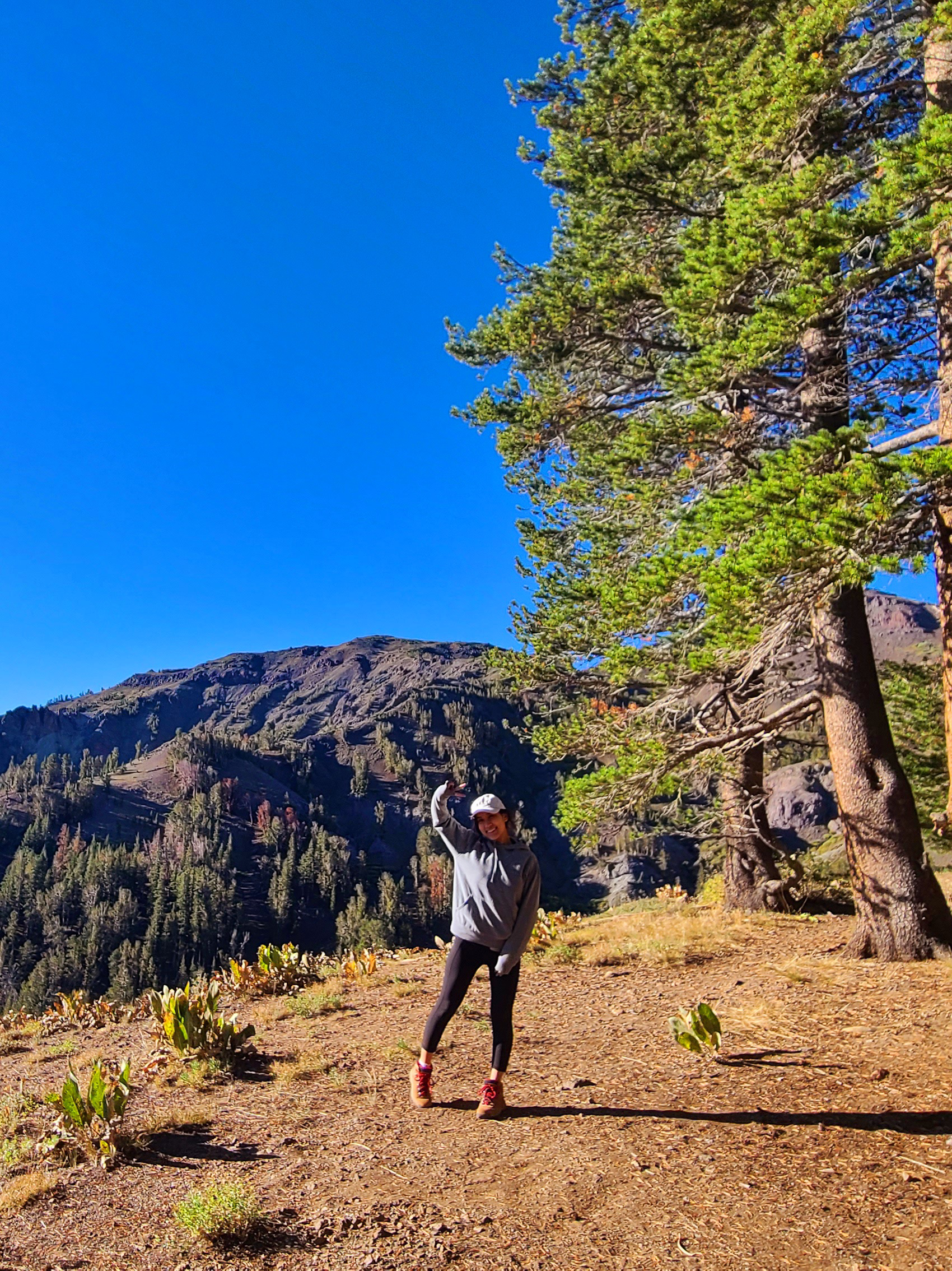 A woman standing outdoors on a dirt trail in a mountainous forest with pine trees, cacti, and a clear blue sky.