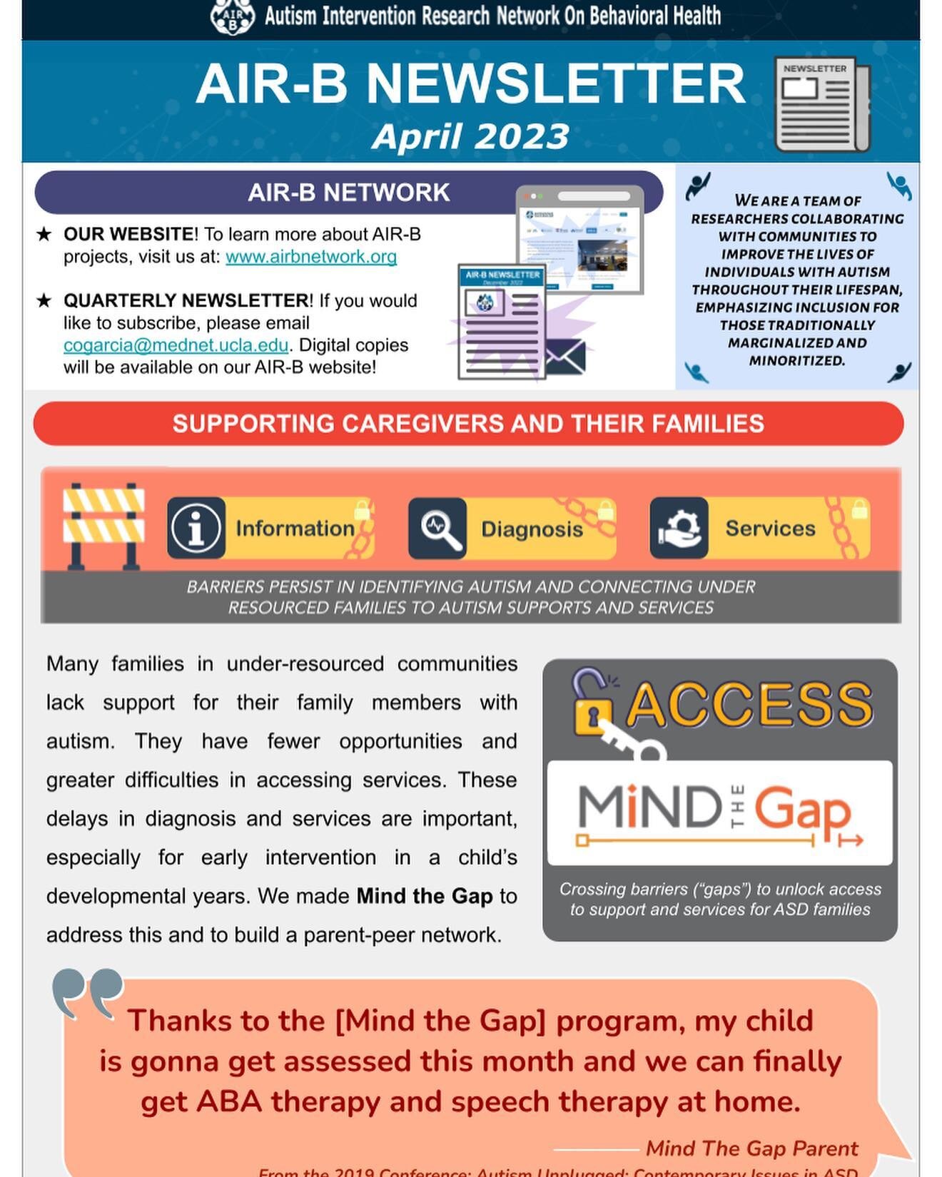 The Autism Intervention Research Network on Behavioral Health (AIR-B) is proud to present their Spring 2023 newsletter! 📰🚨🎉

check out: https://www.airbnetwork.org/ 
for more information!