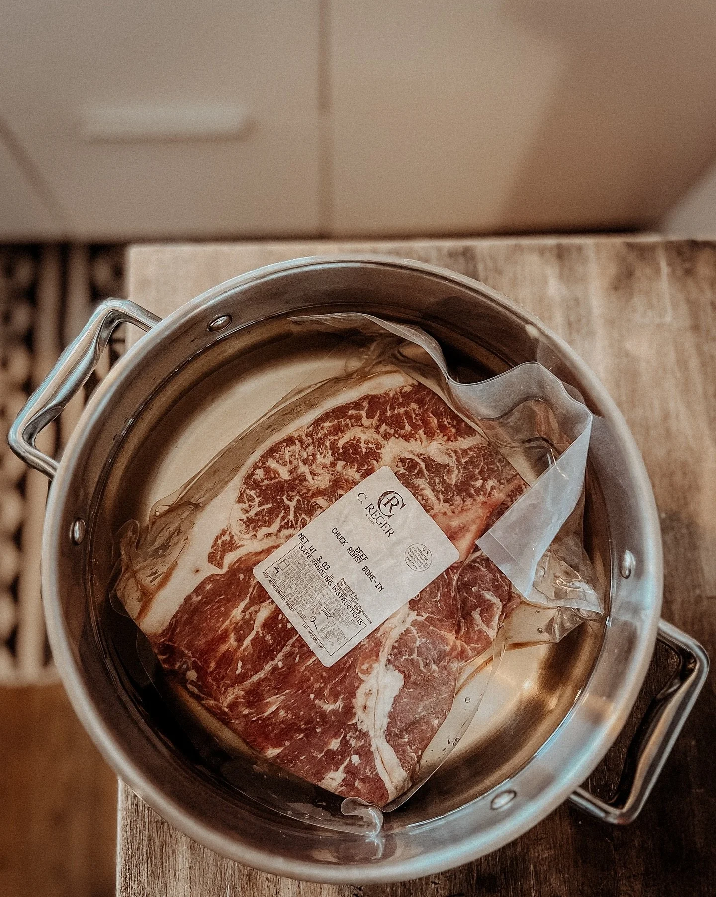 Chuck roast in the water bath, simple starts to a hearty Sunday supper.