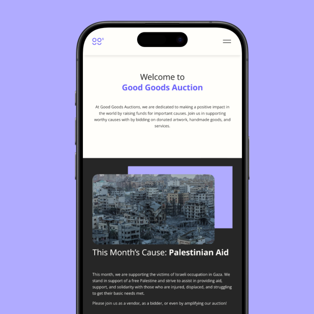 mobile phone with UI example of website, lavender backround
