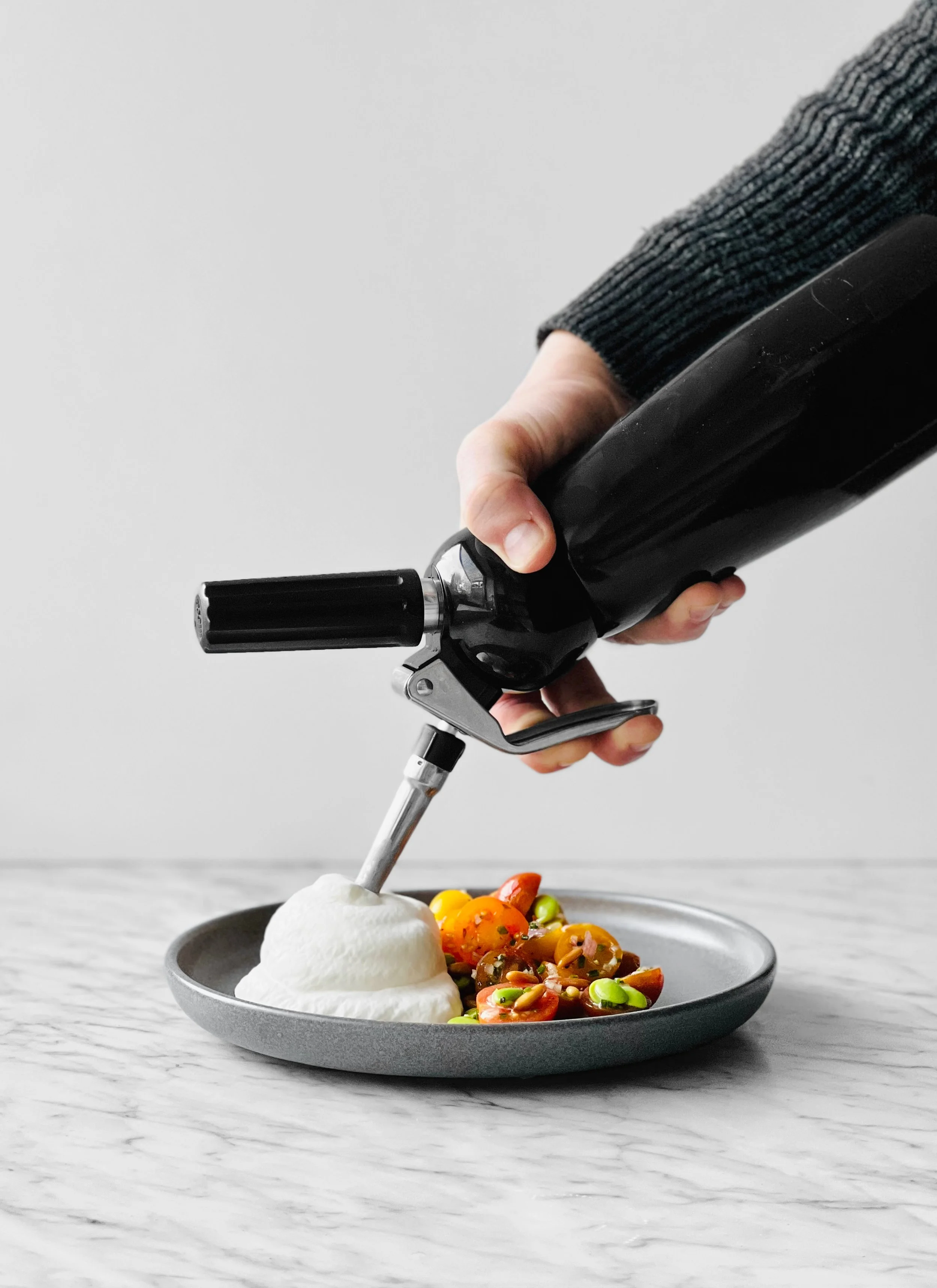 Salade de tomates cerises et espuma de mozzarella au basilic