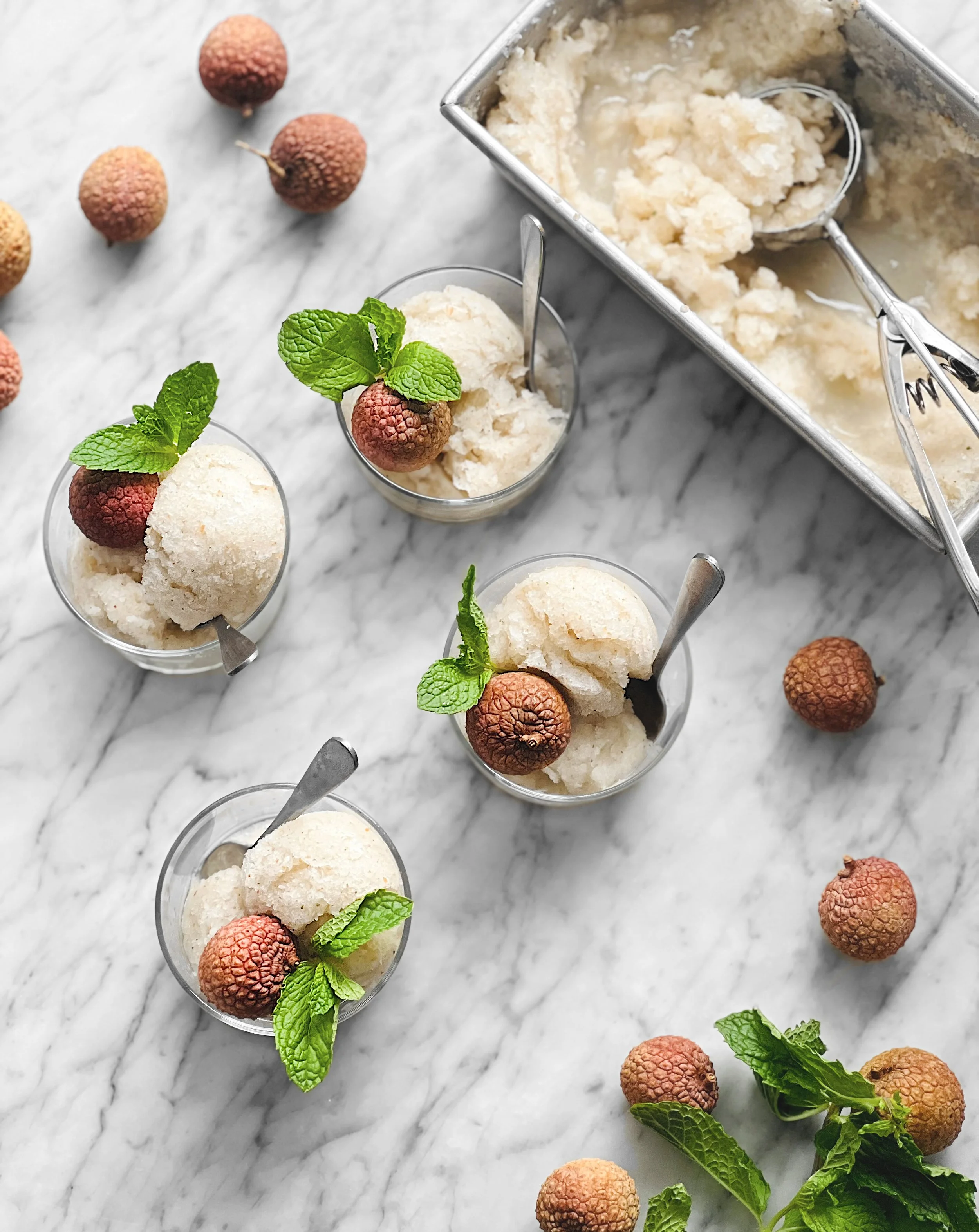 Sorbet et barbotine litchis-menthe