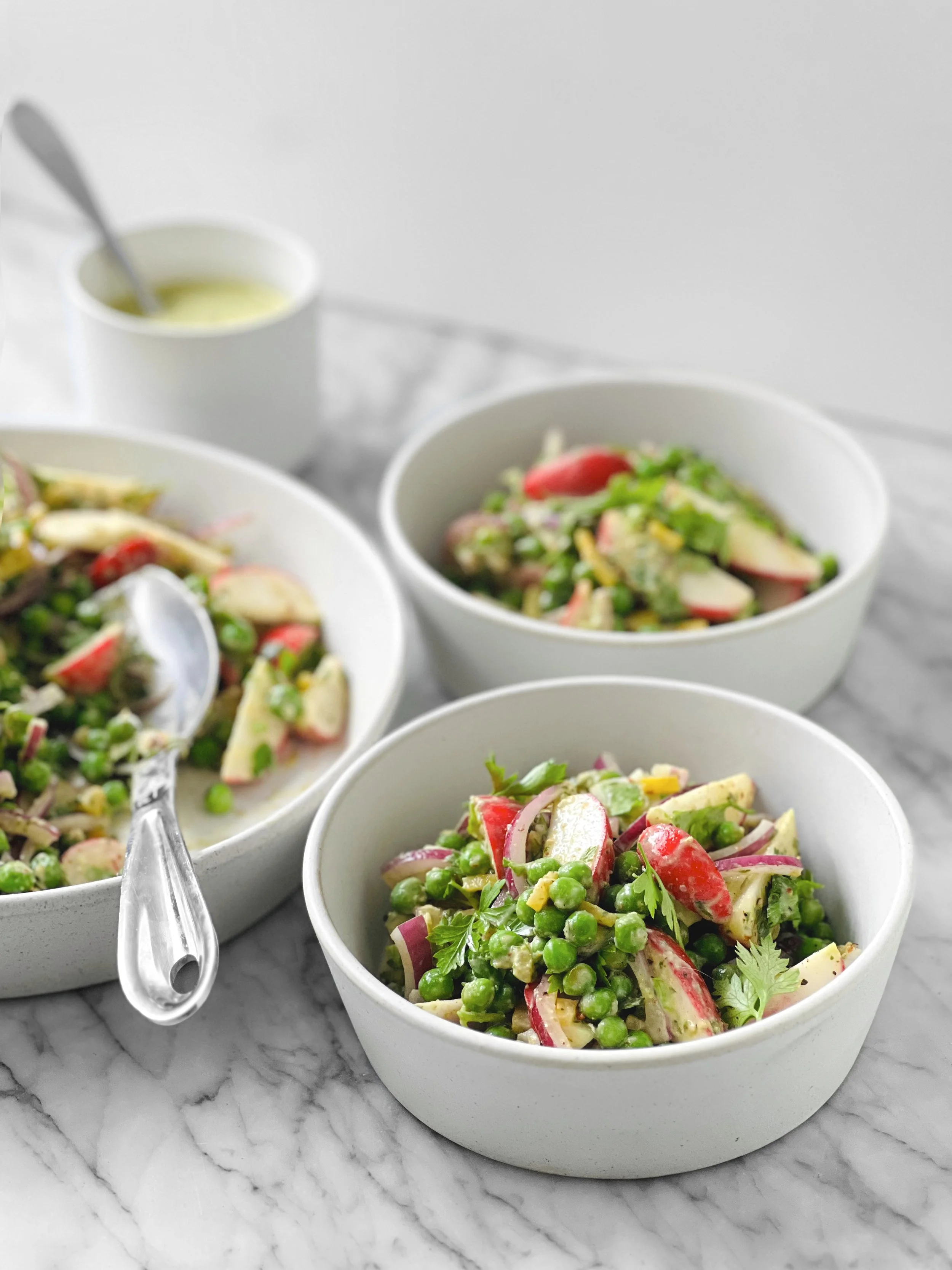 Salade de pois sucrés, radis, citron confit et hummus vert