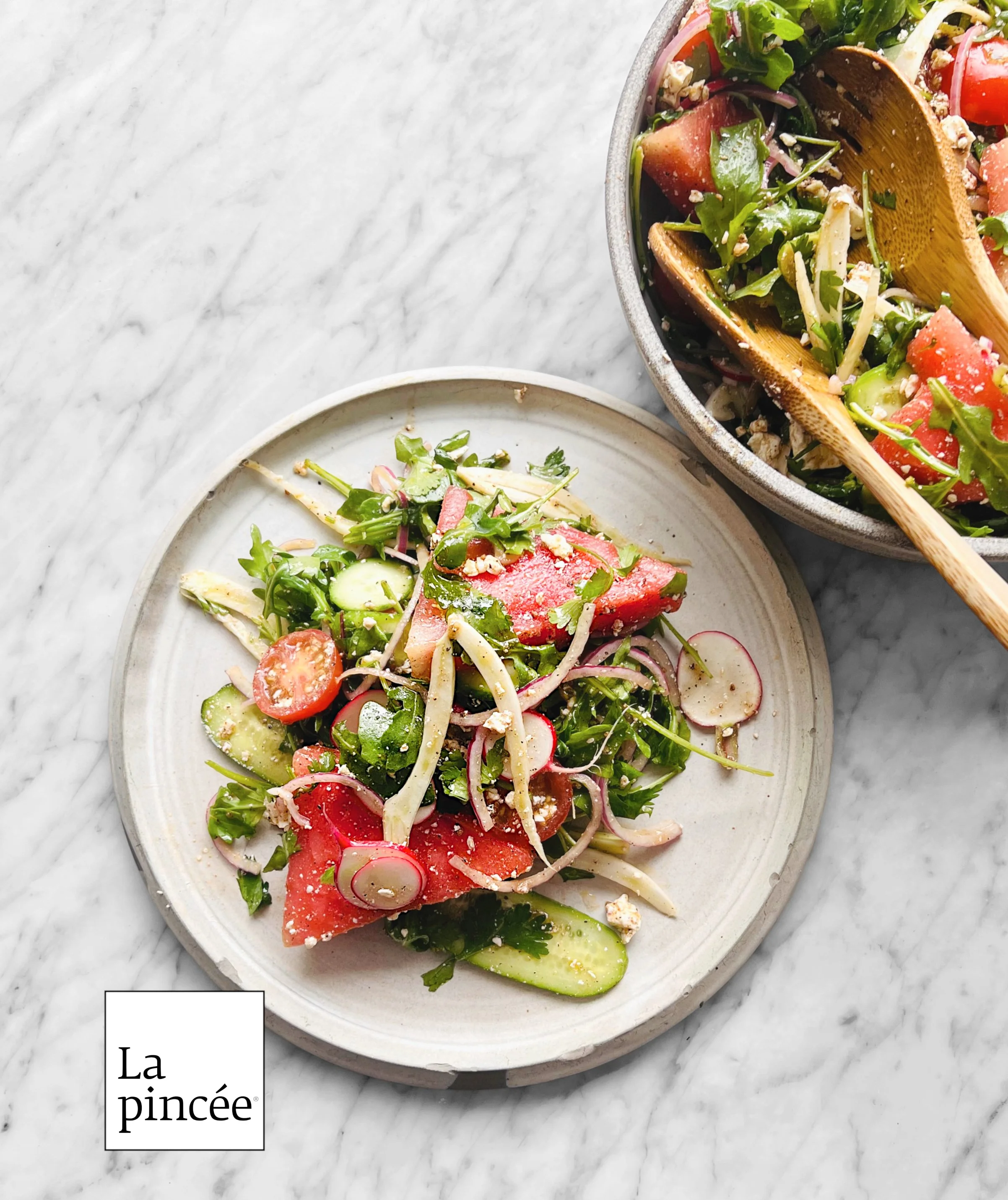 Salade de roquette, pastèque et feta poivrée