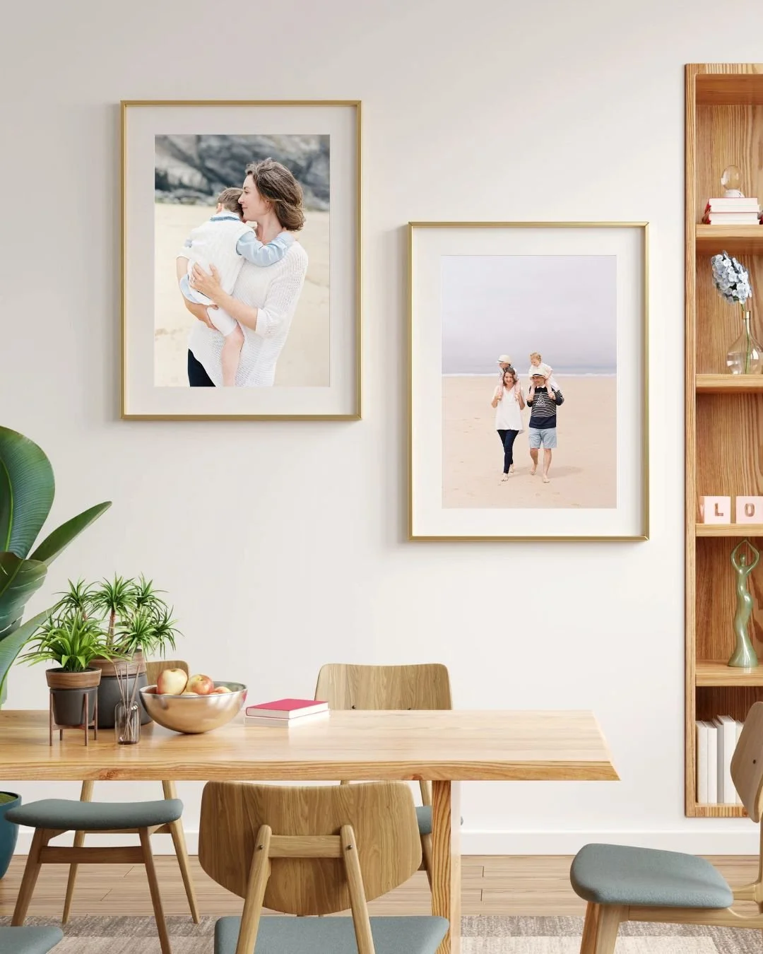 Family portraits displayed on the walls of a home