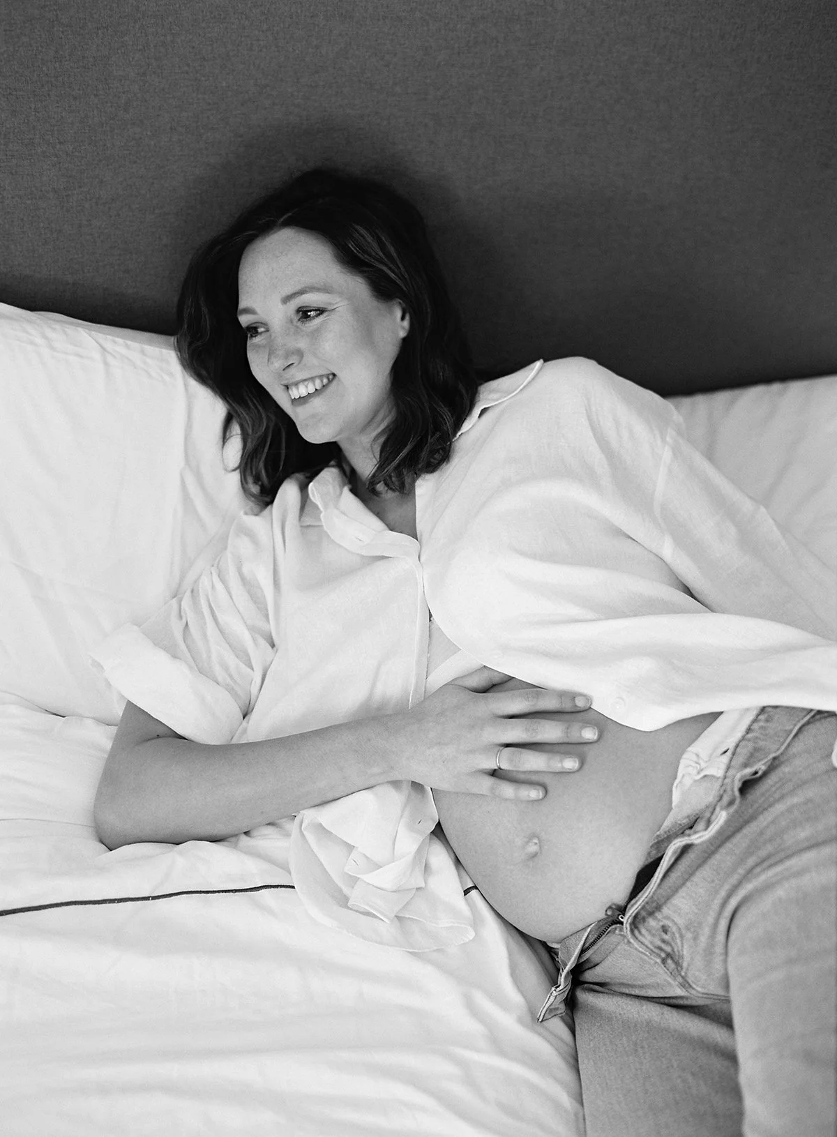 relaxed black and white maternity portrait captured on film